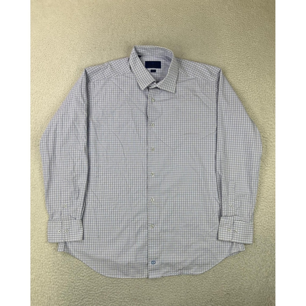David Donahue Dress Shirt Mens 18 34/35 Blue Check Trim Fit Woven Cotton LS
